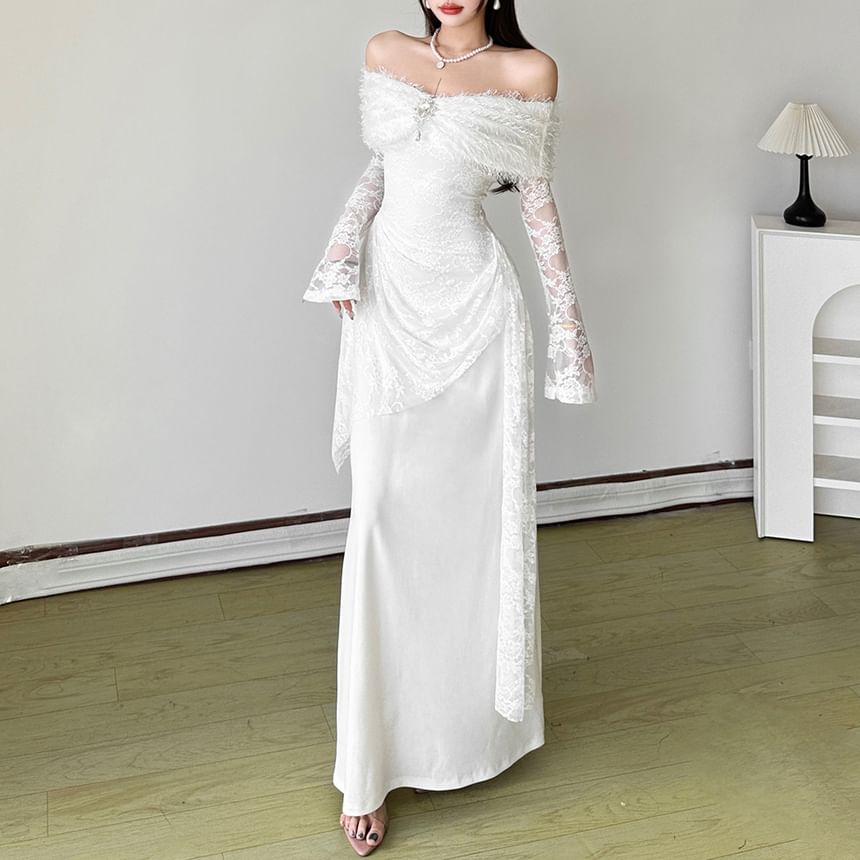 Long Sleeve Off Shoulder Plain Ruched Panel Lace Maxi A-Line Dress