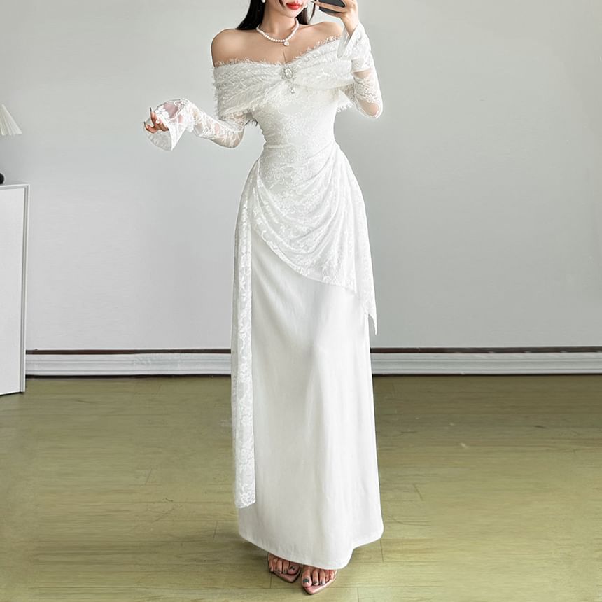 Long Sleeve Off Shoulder Plain Ruched Panel Lace Maxi A-Line Dress