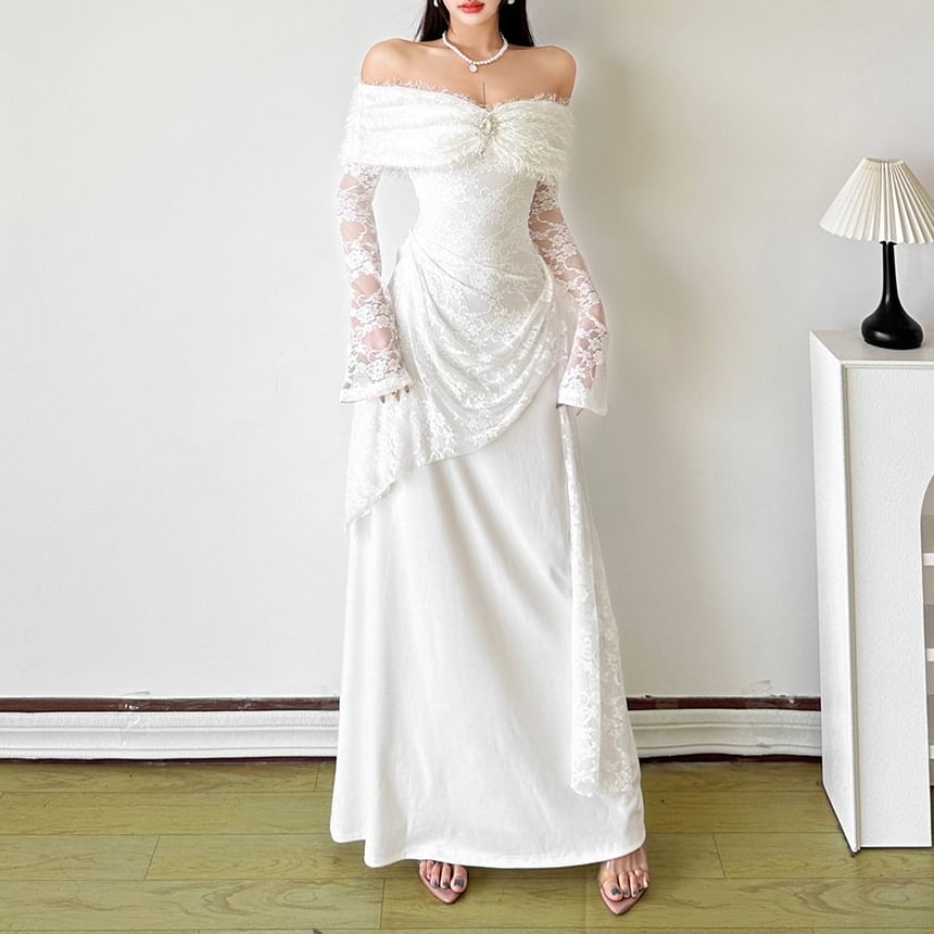 Long Sleeve Off Shoulder Plain Ruched Panel Lace Maxi A-Line Dress