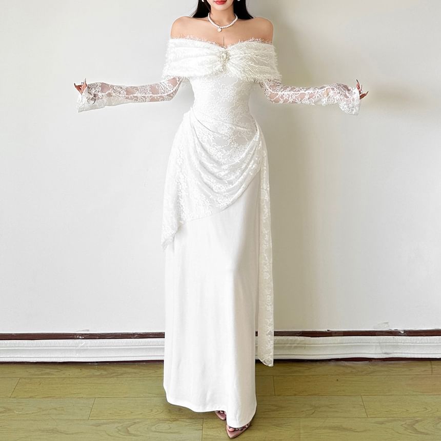 Long Sleeve Off Shoulder Plain Ruched Panel Lace Maxi A-Line Dress