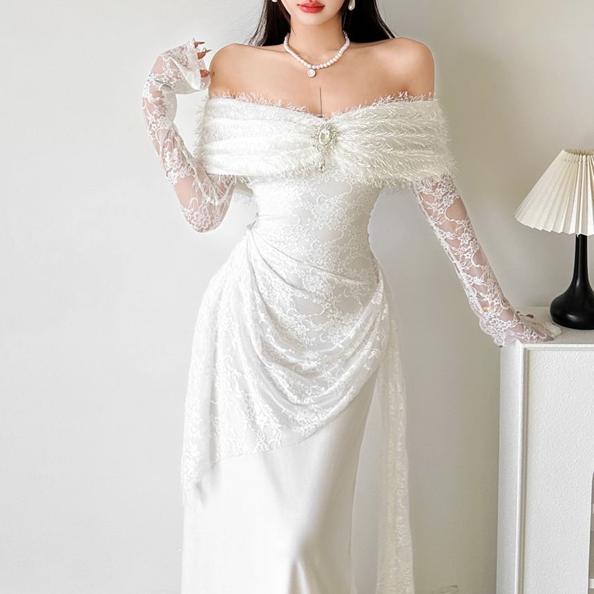 Long Sleeve Off Shoulder Plain Ruched Panel Lace Maxi A-Line Dress