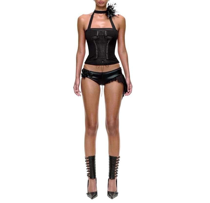 Halter Mesh Top with Lace Up Front