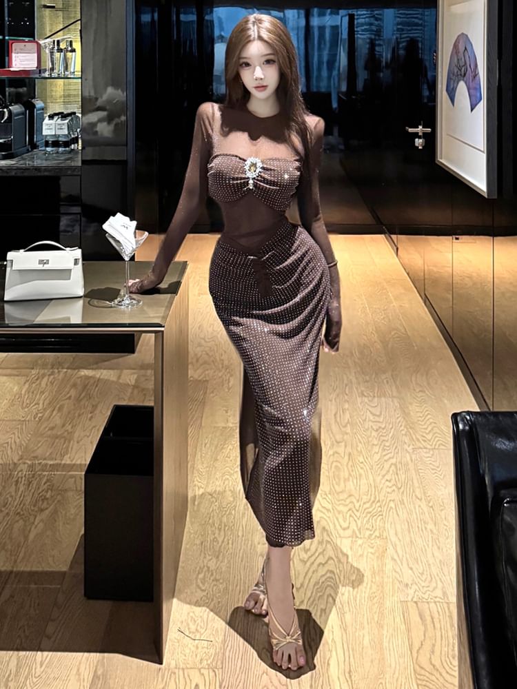 Long-Sleeve Glitter Maxi Sheath Dress