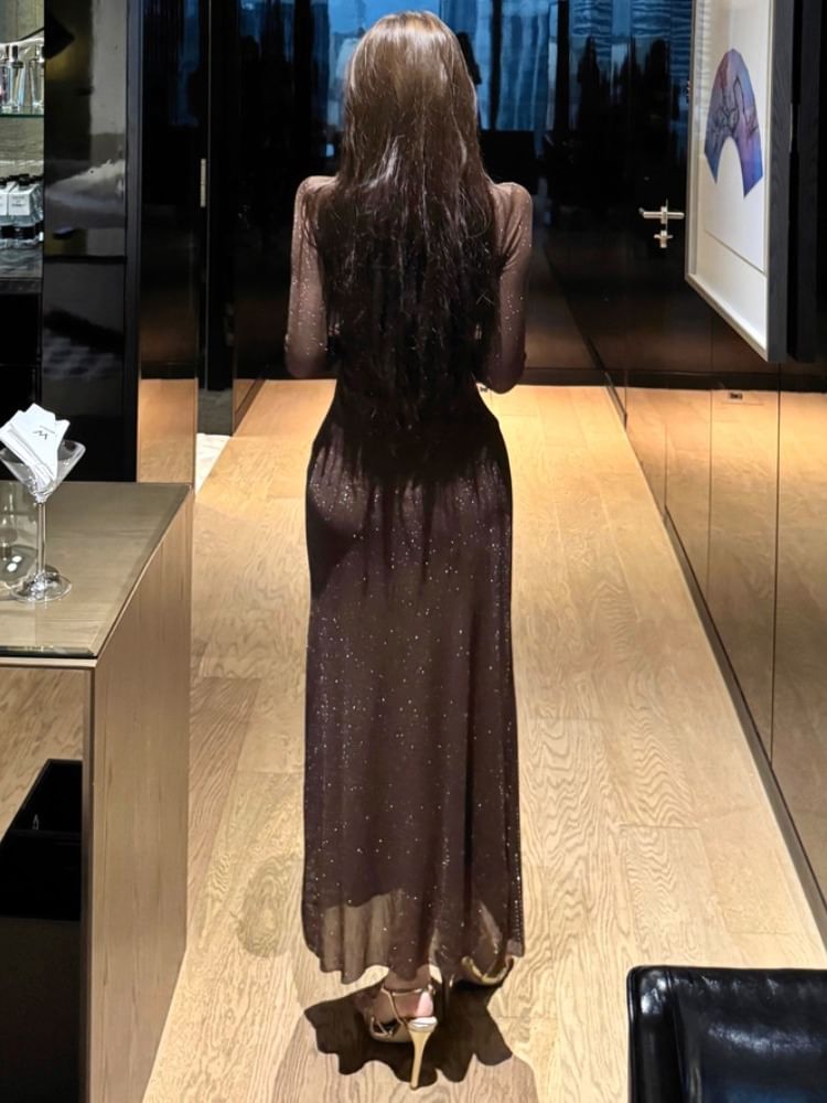 Long-Sleeve Glitter Maxi Sheath Dress