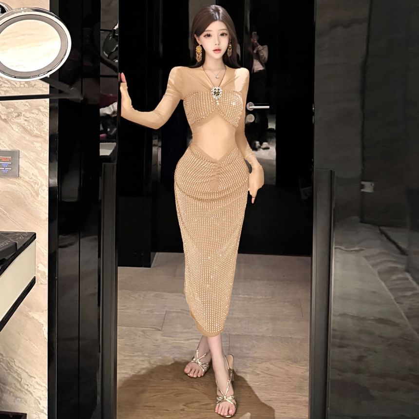 Long-Sleeve Glitter Maxi Sheath Dress