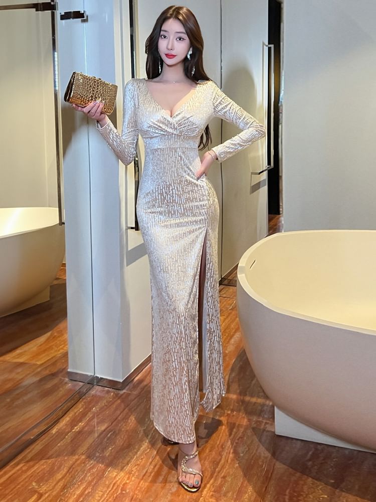 Long-Sleeve V-Neck Silky Maxi Mermaid Dress
