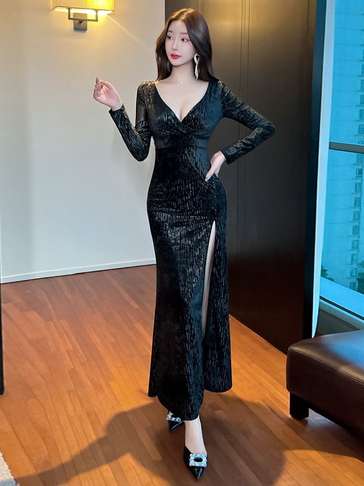 Long-Sleeve V-Neck Silky Maxi Mermaid Dress