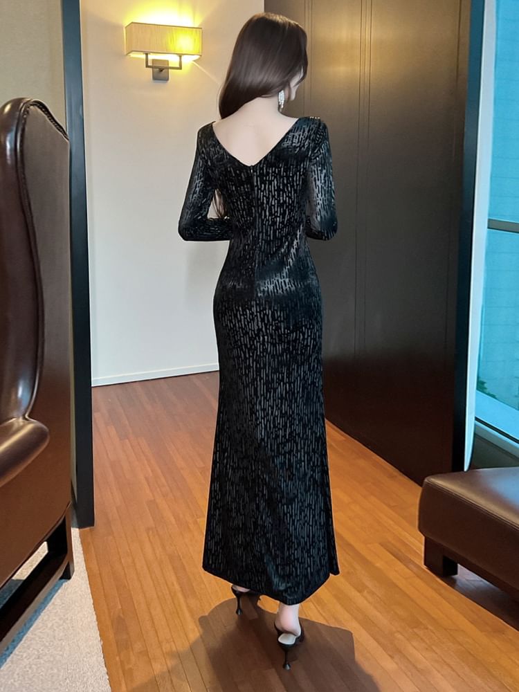 Long-Sleeve V-Neck Silky Maxi Mermaid Dress