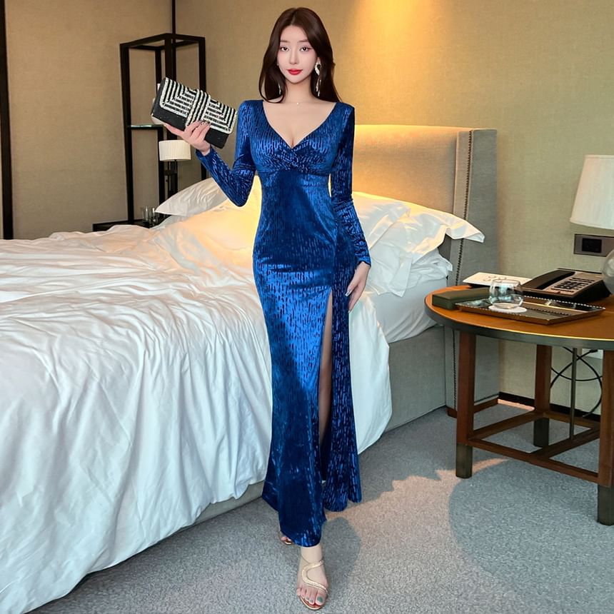 Long-Sleeve V-Neck Silky Maxi Mermaid Dress