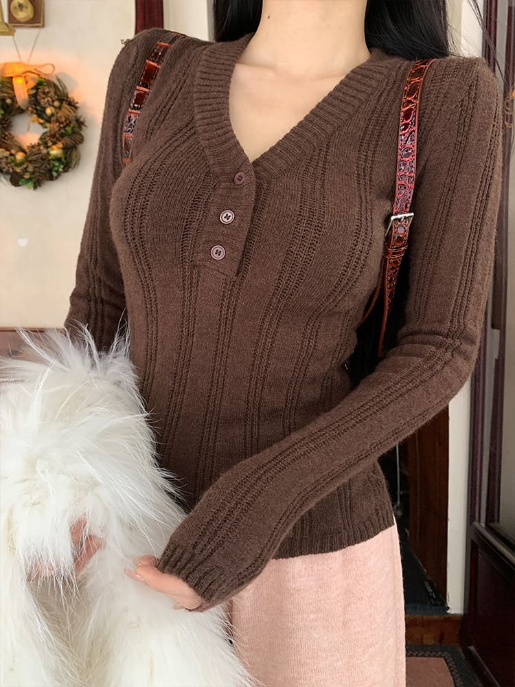 Button Front V-Neck Sweater