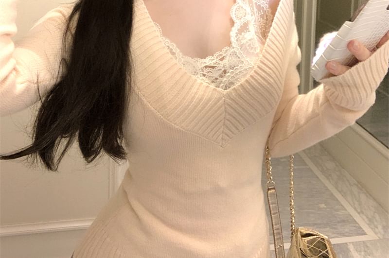 V-Neck Knit Top with Lace Trim - Long Sleeve Option