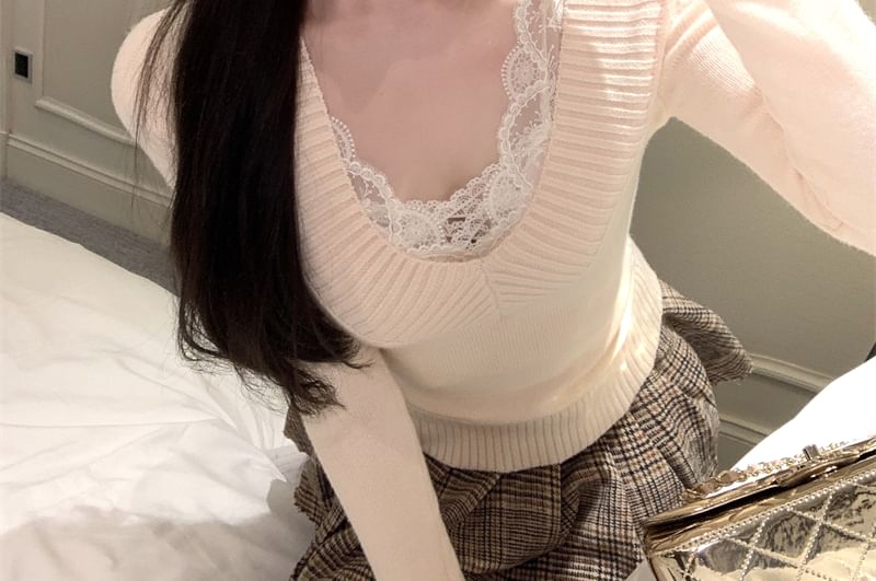 V-Neck Knit Top with Lace Trim - Long Sleeve Option