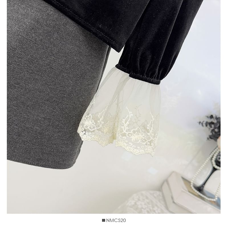 Velvet Blouse with Lace Panel and Button Front