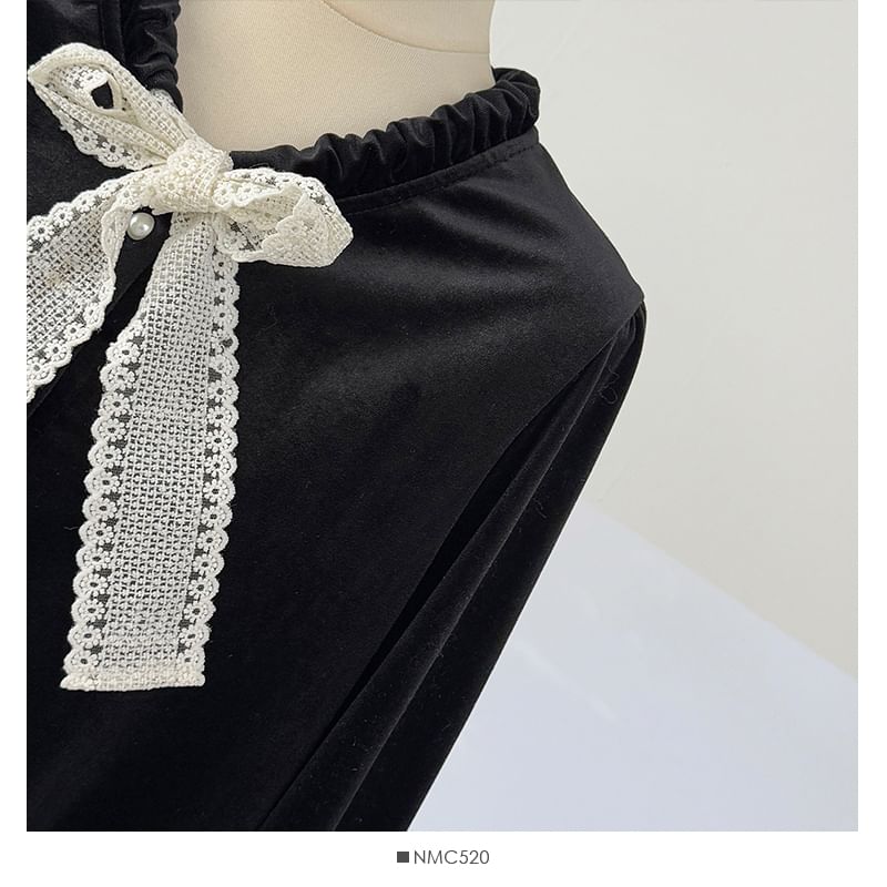 Velvet Blouse with Lace Panel and Button Front