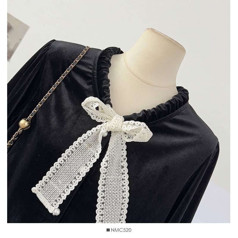 Velvet Blouse with Lace Panel and Button Front