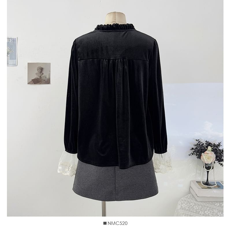 Velvet Blouse with Lace Panel and Button Front