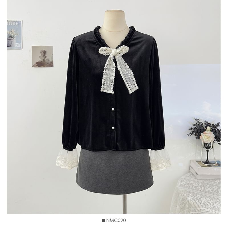 Velvet Blouse with Lace Panel and Button Front