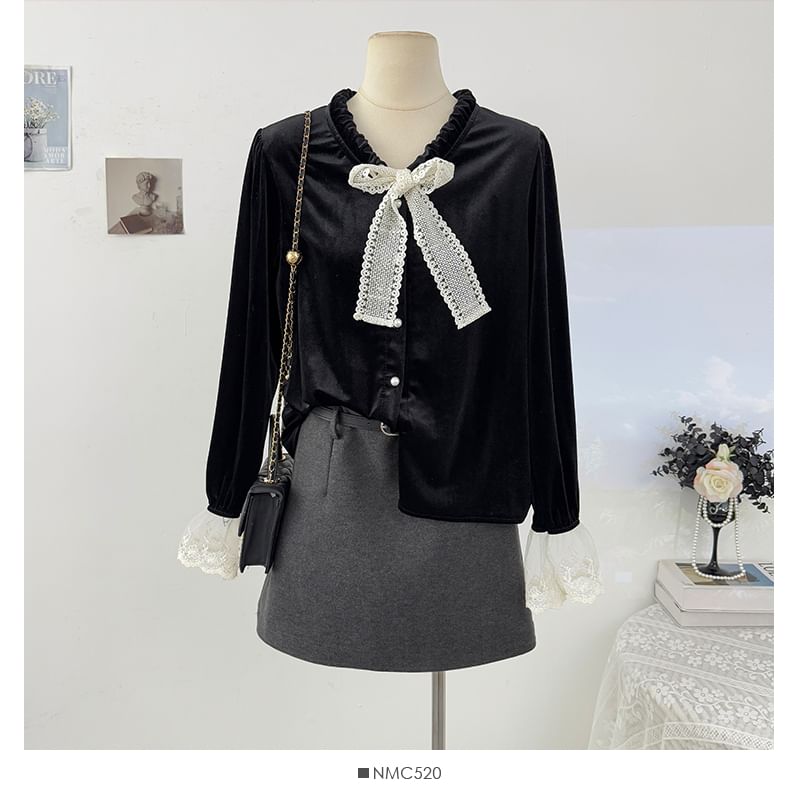 Velvet Blouse with Lace Panel and Button Front