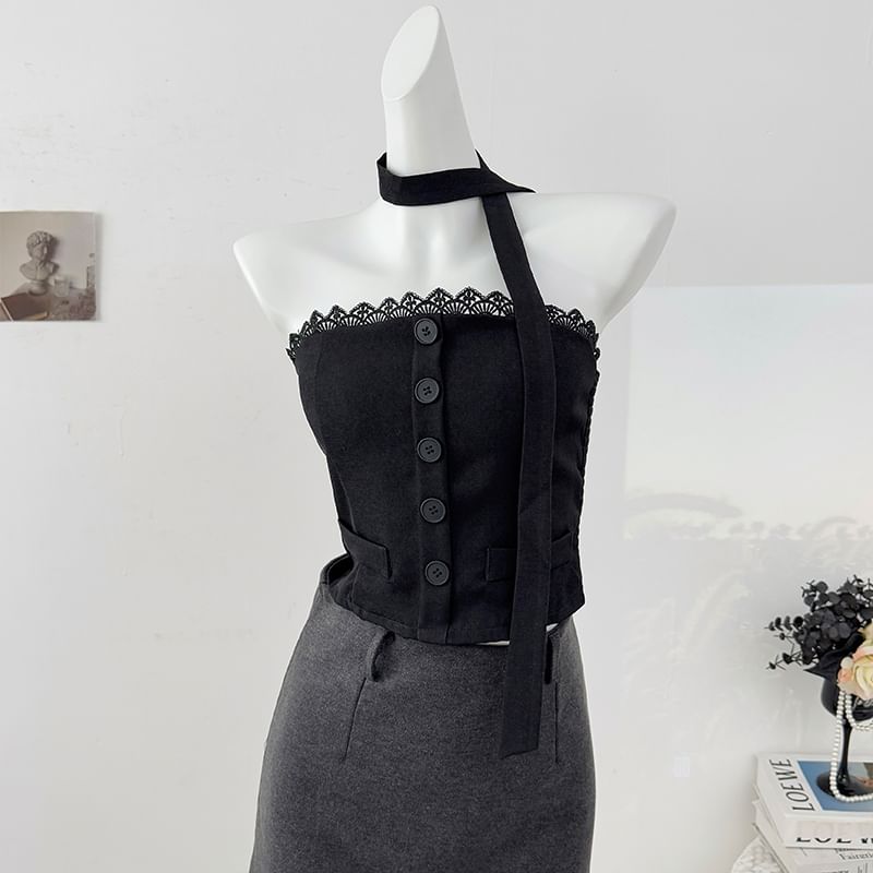 Lace Trim Tube Top and Skinny Scarf Set