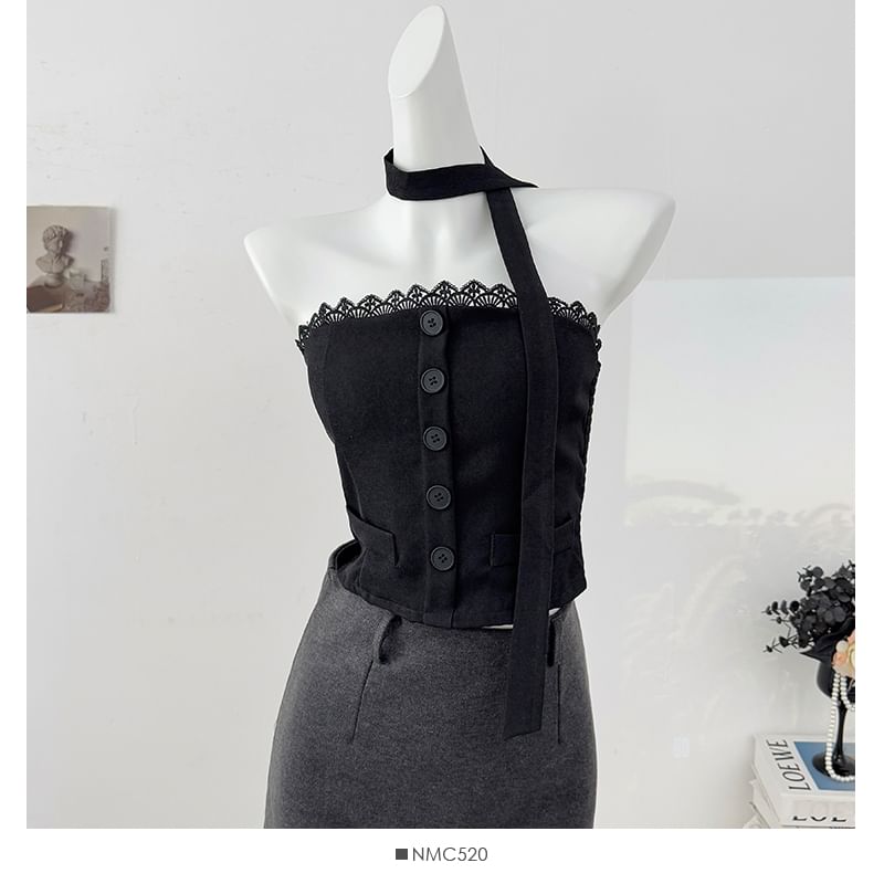 Lace Trim Tube Top and Skinny Scarf Set