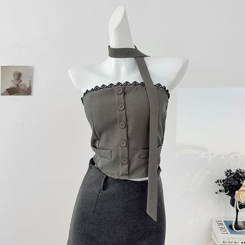 Lace Trim Tube Top and Skinny Scarf Set