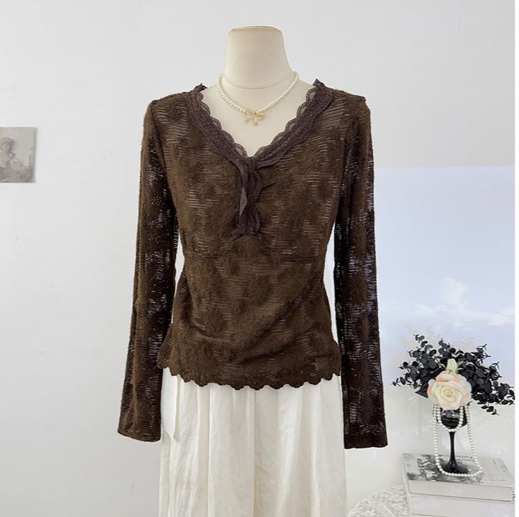 V-Neck Lace Slim Fit Long Sleeve Top