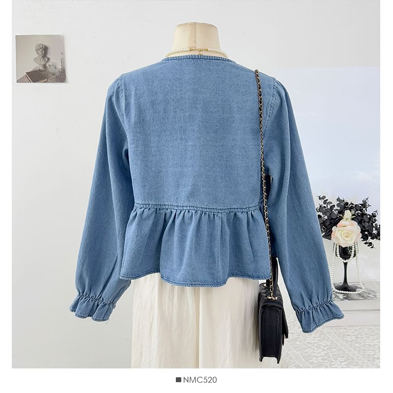 Ruffle Hem Denim Blouse with V-Neck Tie Front
