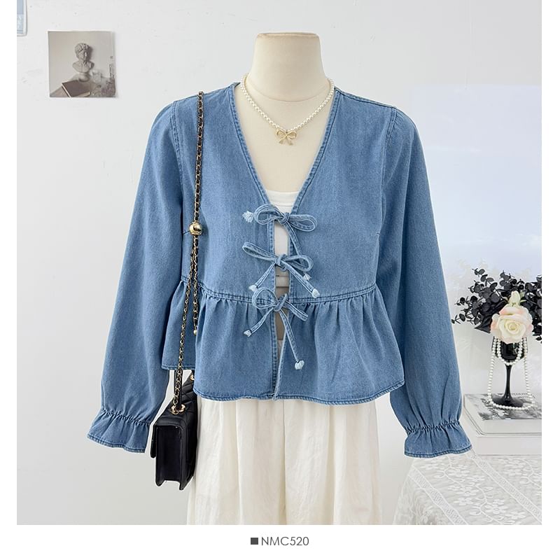 Ruffle Hem Denim Blouse with V-Neck Tie Front