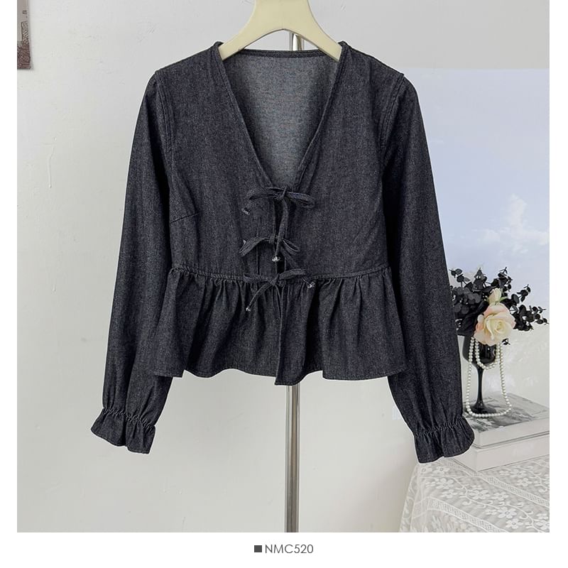 Ruffle Hem Denim Blouse with V-Neck Tie Front
