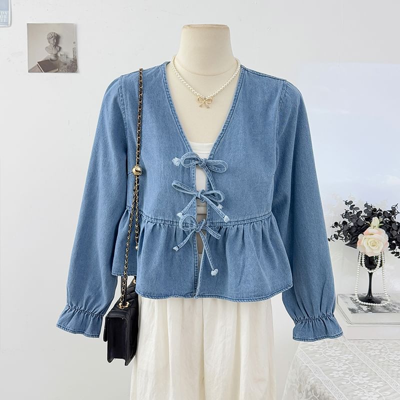 Ruffle Hem Denim Blouse with V-Neck Tie Front