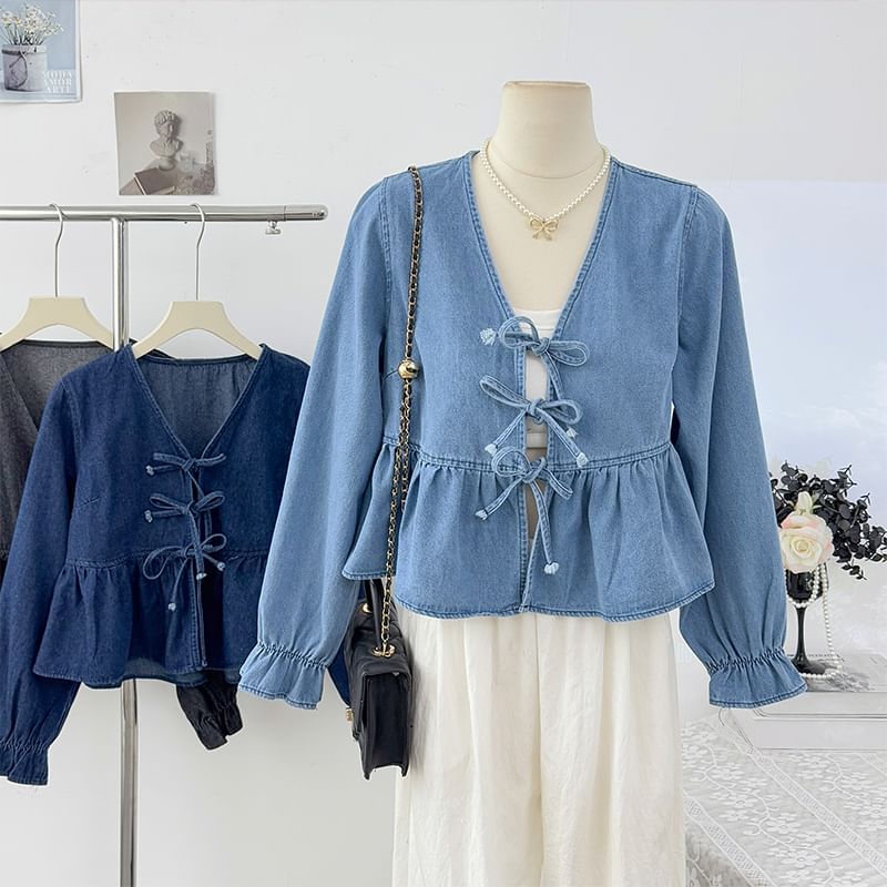 Ruffle Hem Denim Blouse with V-Neck Tie Front