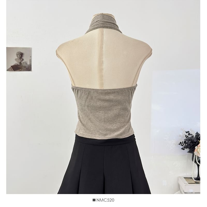 Open Back Ribbed Crop Top with Halter Neck