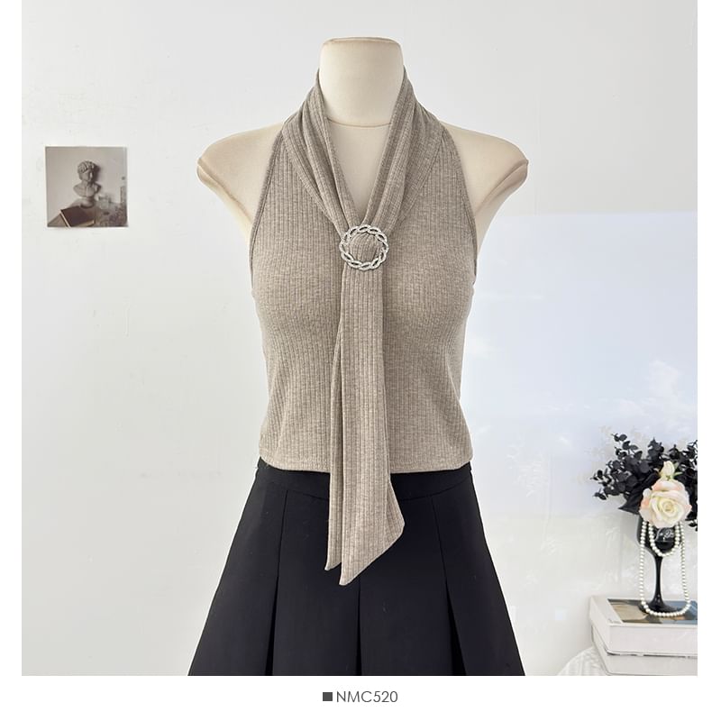 Open Back Ribbed Crop Top with Halter Neck