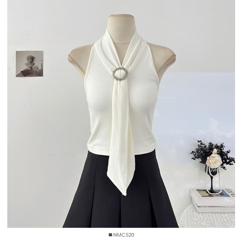 Open Back Ribbed Crop Top with Halter Neck