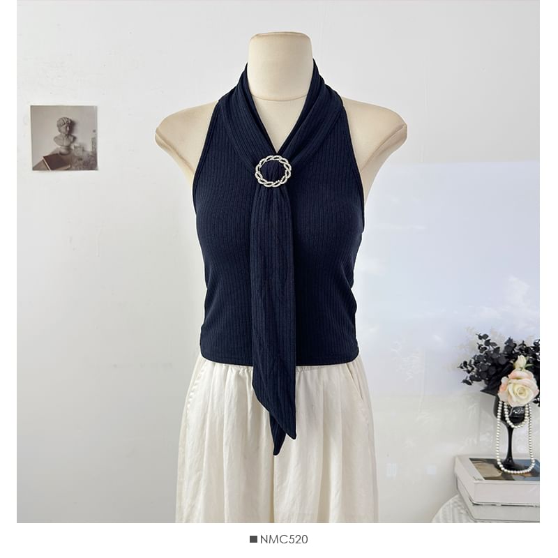Open Back Ribbed Crop Top with Halter Neck