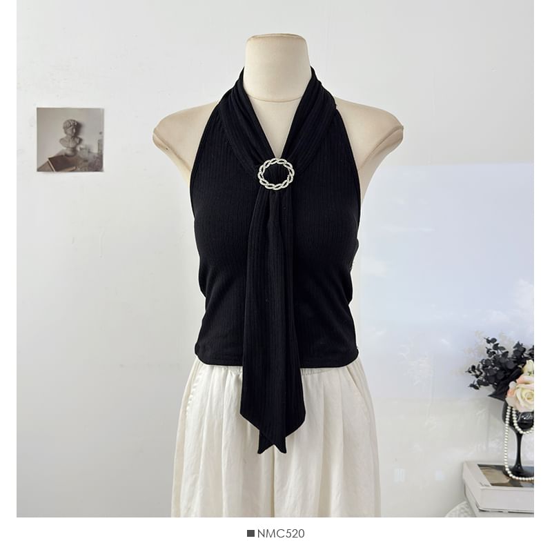 Open Back Ribbed Crop Top with Halter Neck