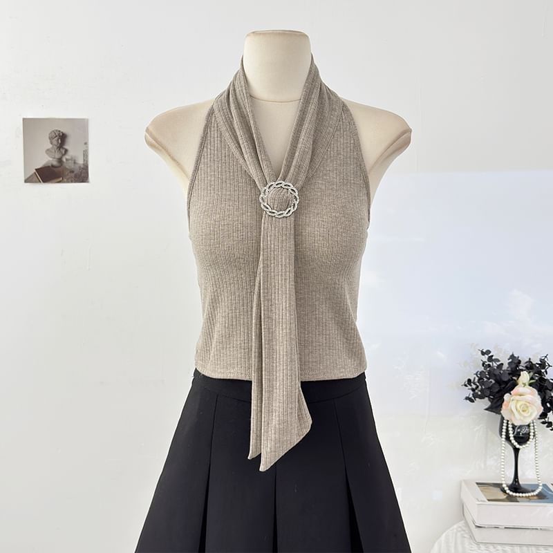 Open Back Ribbed Crop Top with Halter Neck