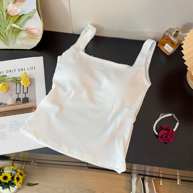 Square Neck Ribbed Padded Crop Tank with Lace Trim