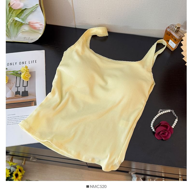 Square Neck Ribbed Padded Crop Tank with Lace Trim
