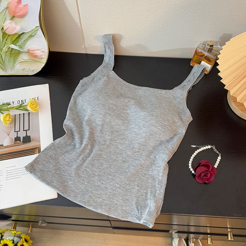Square Neck Ribbed Padded Crop Tank with Lace Trim
