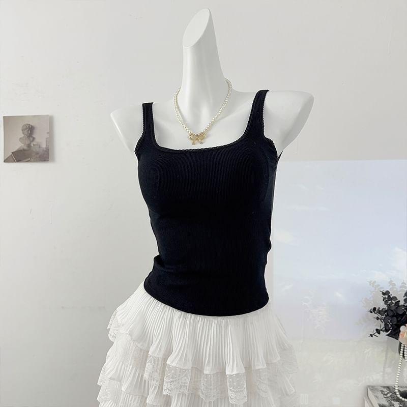 Square Neck Ribbed Padded Crop Tank with Lace Trim