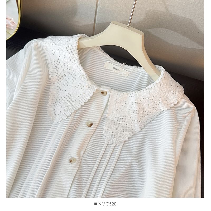 Corduroy Blouse with Lace Collar and Pintuck Details