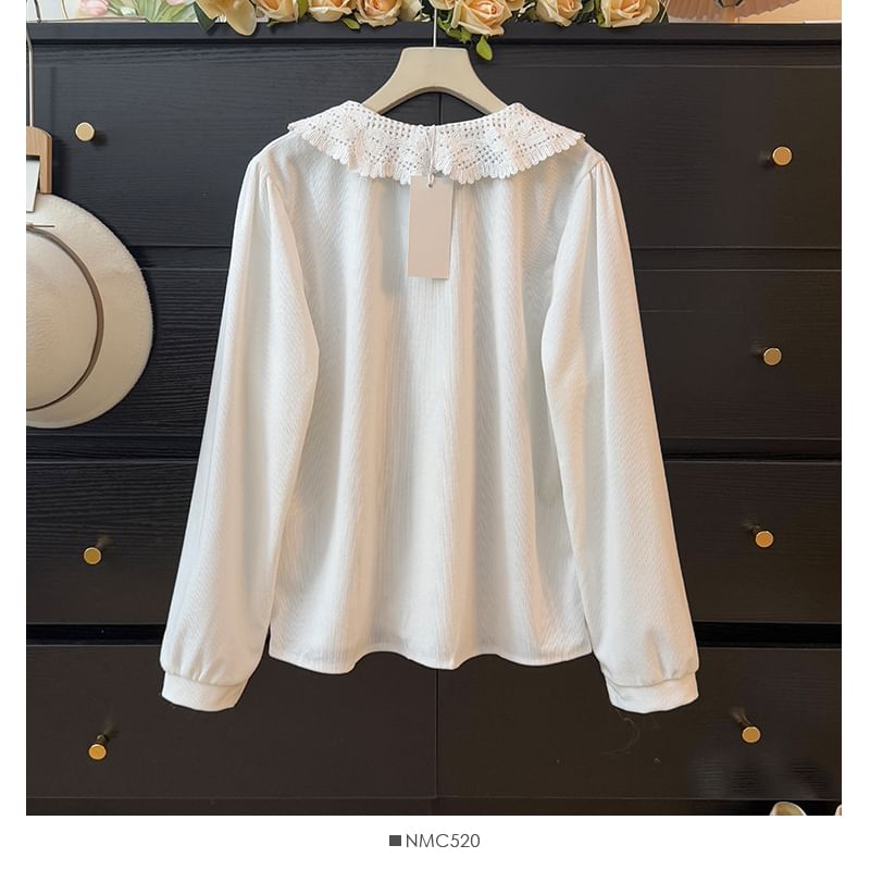 Corduroy Blouse with Lace Collar and Pintuck Details