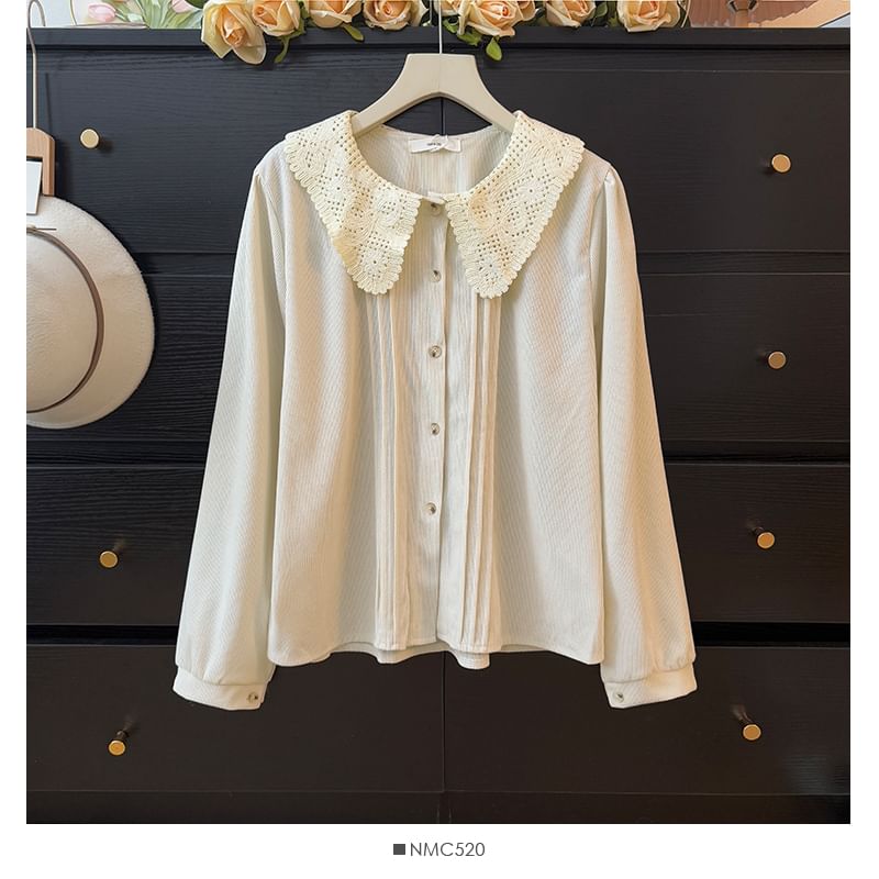 Corduroy Blouse with Lace Collar and Pintuck Details