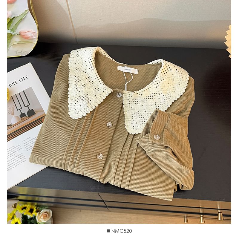 Corduroy Blouse with Lace Collar and Pintuck Details