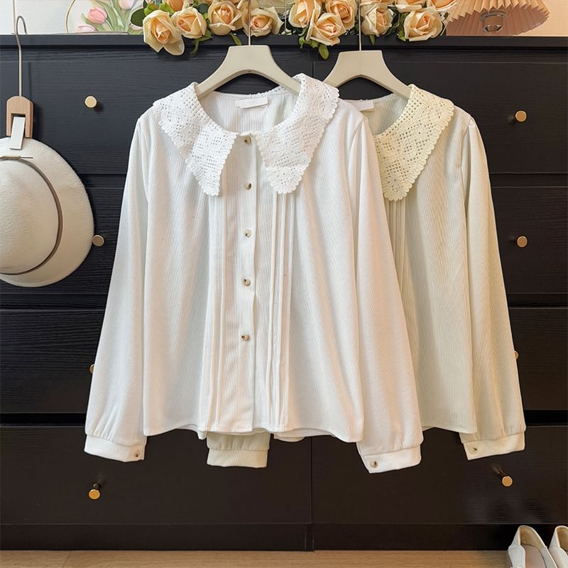 Corduroy Blouse with Lace Collar and Pintuck Details