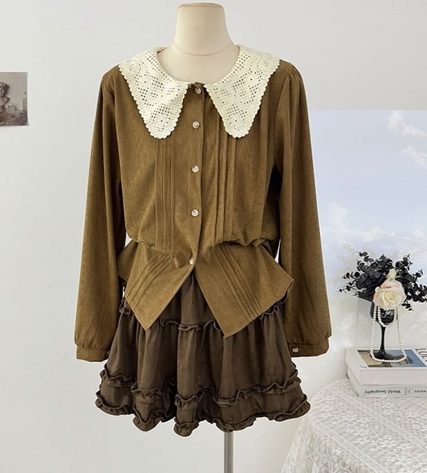 Corduroy Blouse with Lace Collar and Pintuck Details