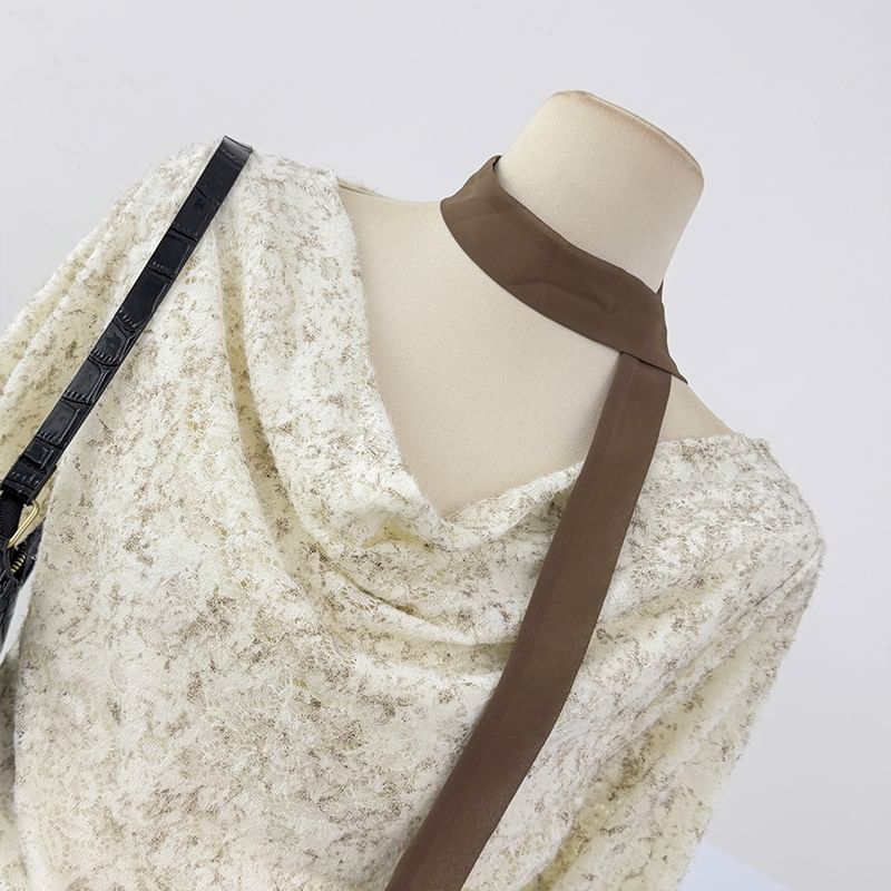 Cowl Neck Lace Top with Drawstring Ruffle Hem and Scarf Set