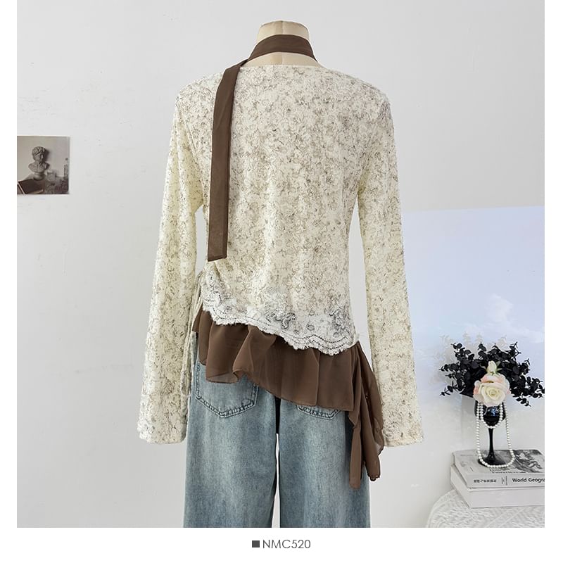 Cowl Neck Lace Top with Drawstring Ruffle Hem and Scarf Set