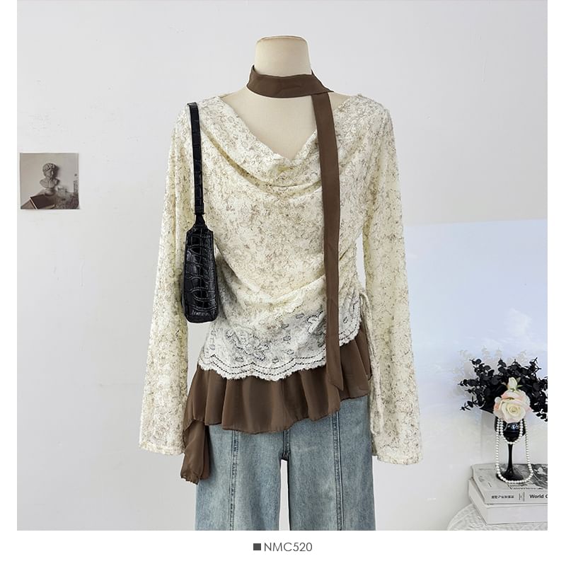 Cowl Neck Lace Top with Drawstring Ruffle Hem and Scarf Set